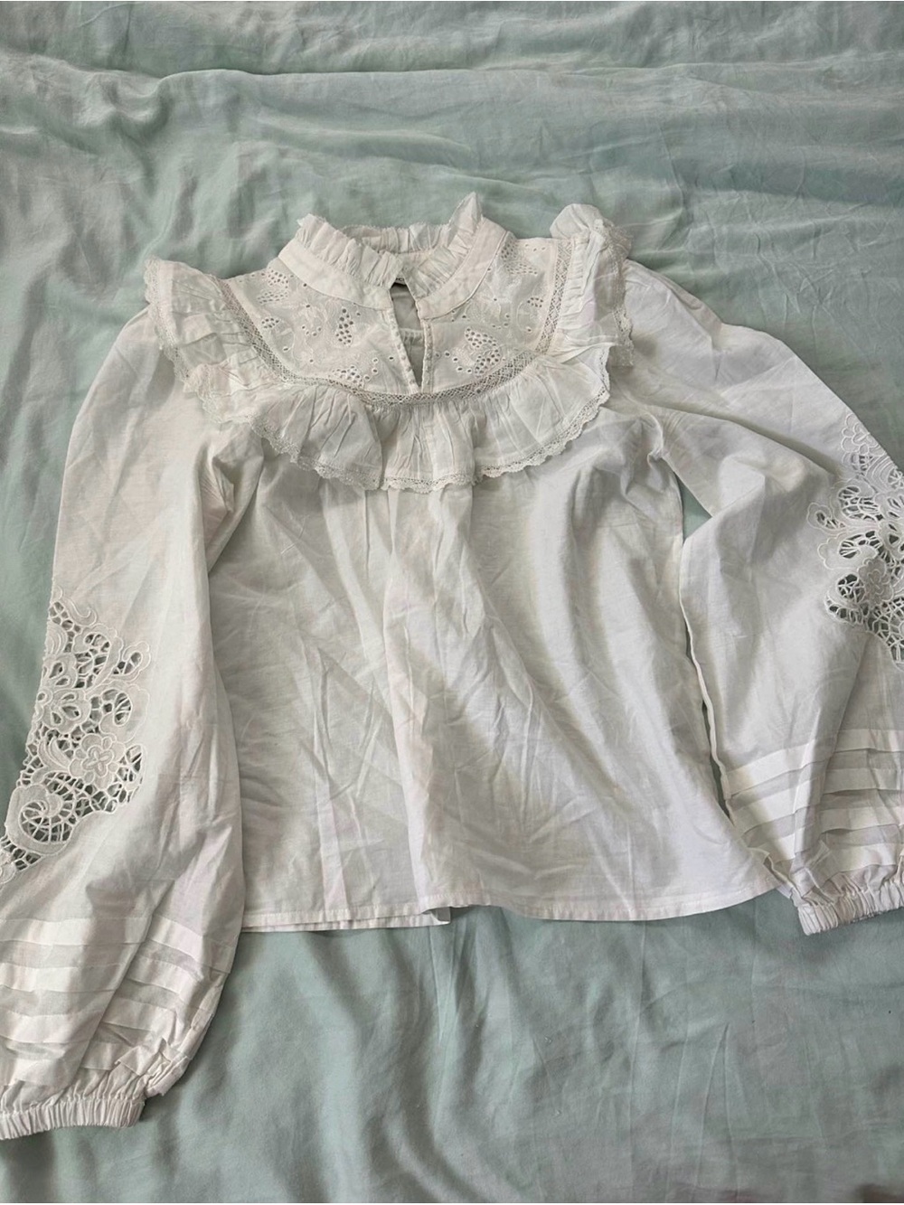 White Eyelet Ruffle Long-Sleeve Blouse - Women's Top